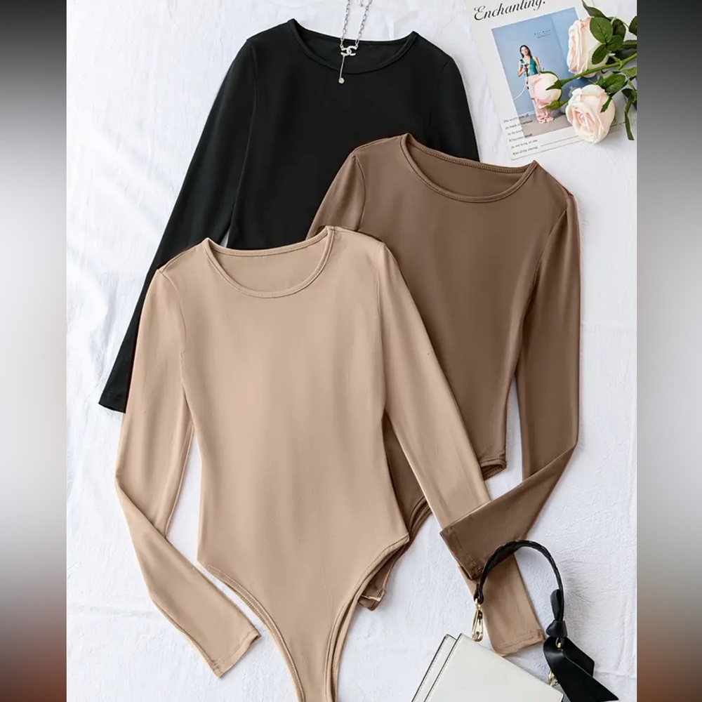 Solid Crew Neck Bodysuit 3 Pack, Casual Long Sleeve One-piece Bodysuit
